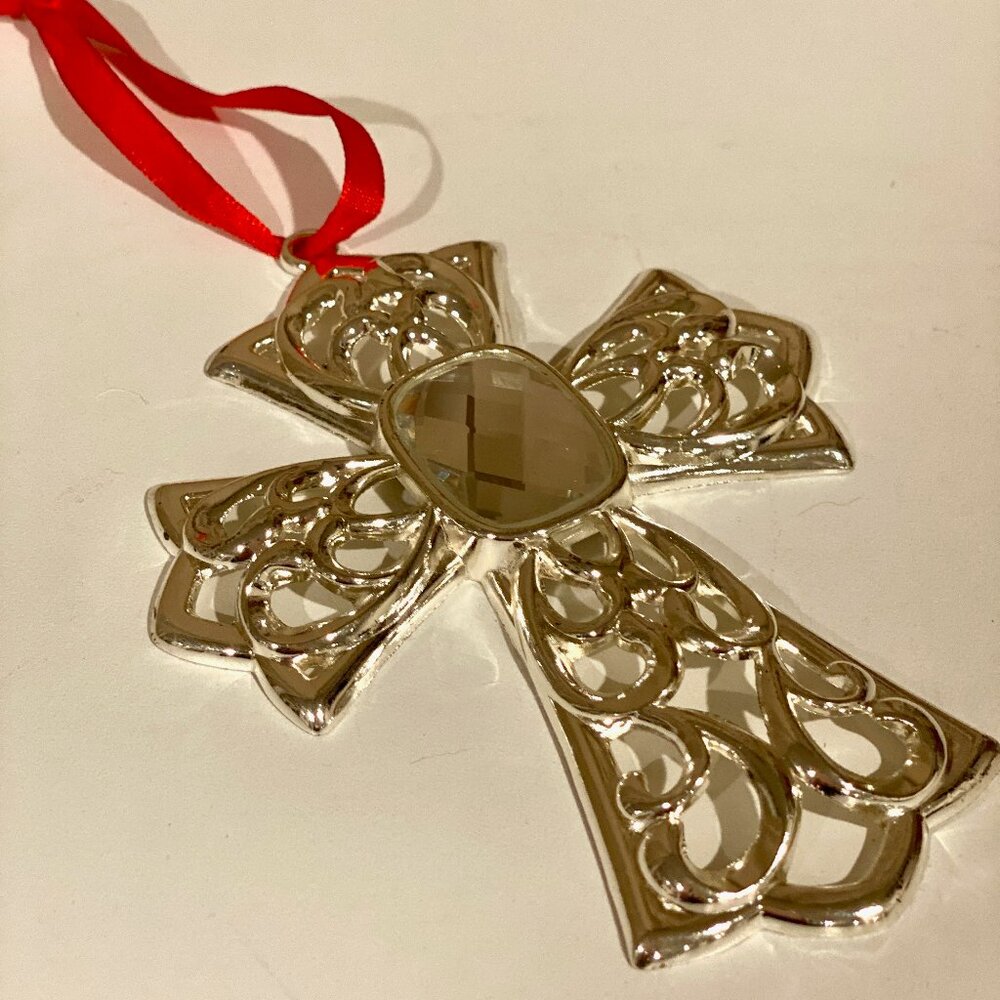 Lenox Silver Cross‎ Christmas Ornament 4.5" x 3.5" with Red Ribbon